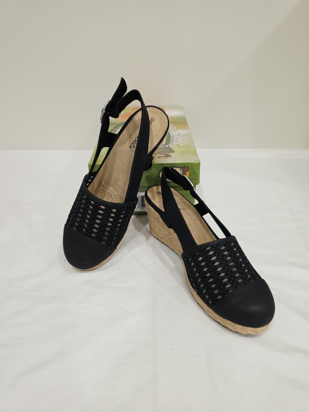 easy street Black Taffy Woven Slingback Espadrille Wedges